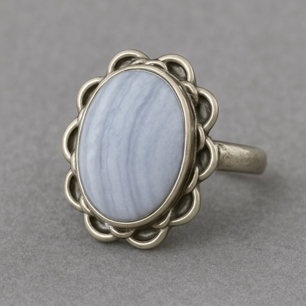 New Sterling Silver Blue Lace Agate Ring – Scalloped Halo Braided NWOT 7.75 #444